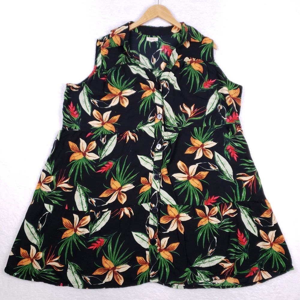 Purple Rain Sleeveless Button Dress 3X Black Tropical Core Resort Wear Boho Chic